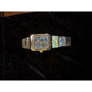 Vintage Women's Watch, Abalone Shell Inlay, Quartz Movement, Stretch Band
